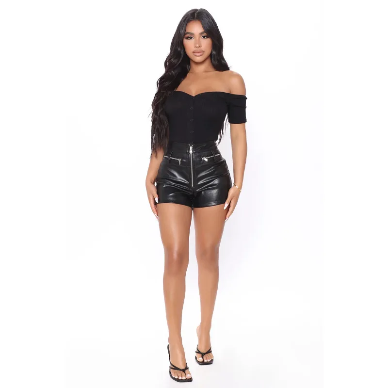 סקסי שחור PU אופנה מזדמן קיץ מכנסי נשים בגדי עור מלאכותי גותי גבוה עם קו מותן נשית קצרים Y2k חם מכנסיים קצרים