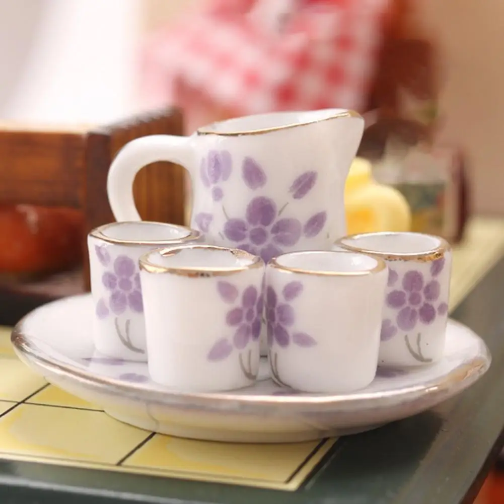 6Pcs/סט 1:12 תה סיר מיניאטורי עם מגש פריחת השזיף מציאותי תה זעירות בית בובות Drinkware עבור DIY