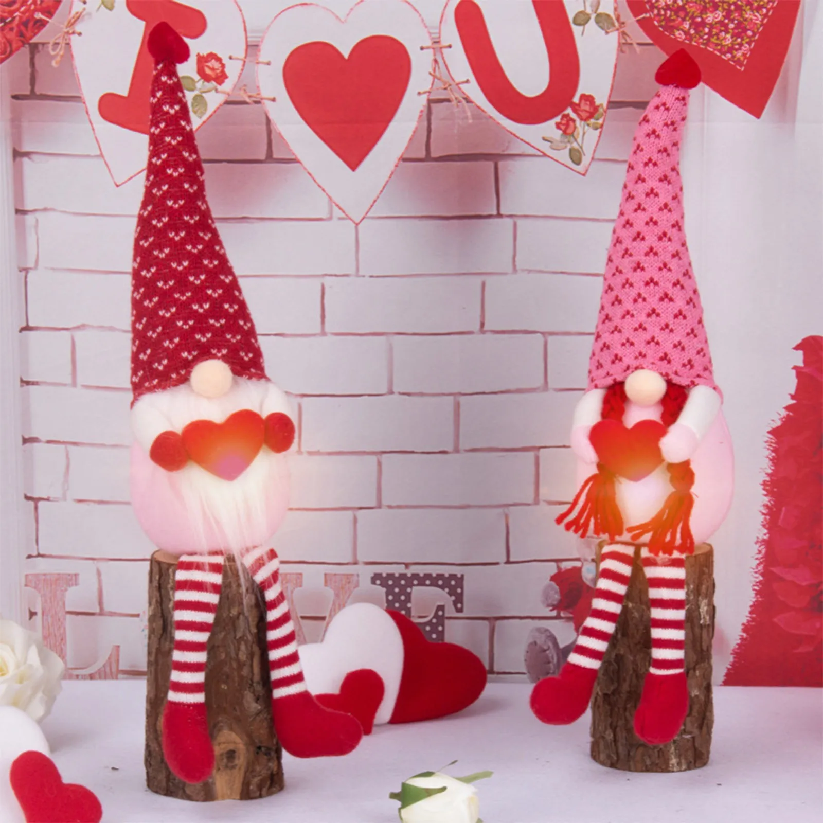 שולחן גינה Gnome 2Pcs יום האהבה זוהר האהבה פנים בובת גמד בובת חלון אביזרי קישוט לבן קישוט חג המולד