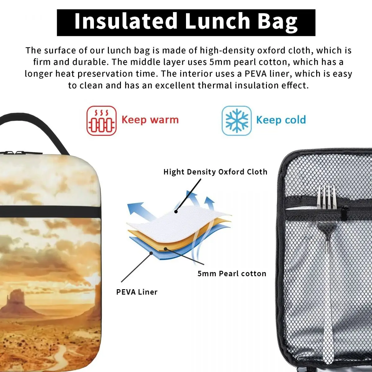 הטבע שחר - Monument Valley בד שולחן ארוחת הצהריים תיק פיקניק תרמו מזון תיק בית הספר הצהריים