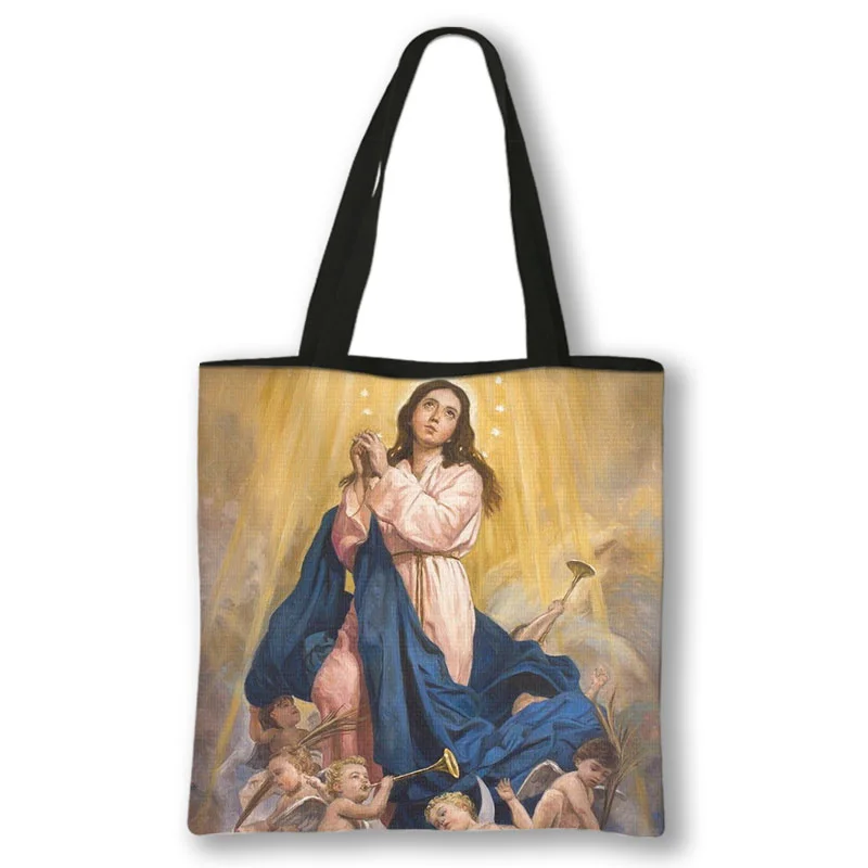 מרי הבתולה של גואדלופה-מקסיקו ציור תיק נשים בד שקיות קניות הכנסיות הקתוליות מזדמן קיבולת גבוהה תיק מתנה