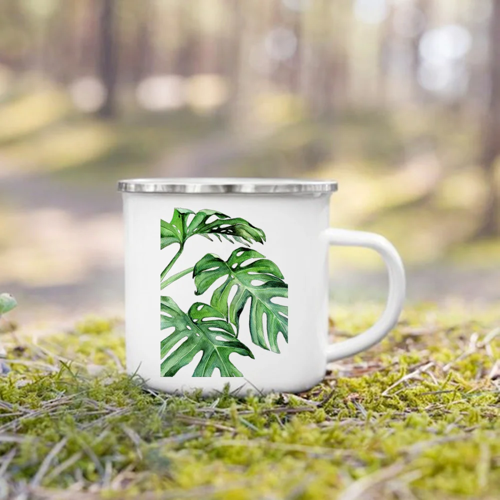 צמחים טרופיים פלמינגו הדפסה אמייל כוס יצירתי כוסות קפה הקיץ קמפינג ספלים המדורה להתמודד עם ספל חופשה על החוף ספל מתנות