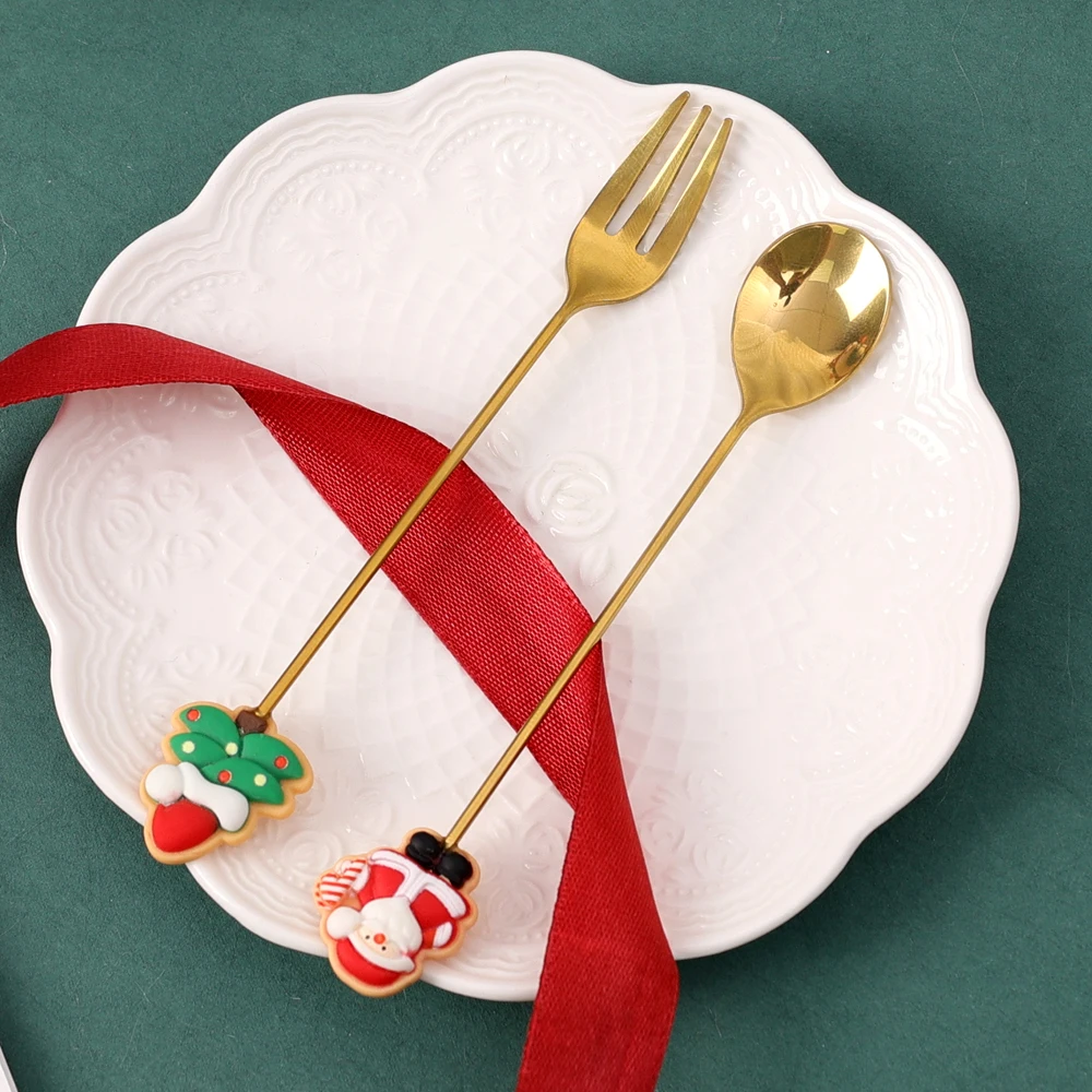 2/1 יח ' חג המולד נירוסטה כף מזלג להגדיר סנטה קלאוס, חג המולד עץ קפה כפית גלידה כפיות מזלג שולחן המטבח.