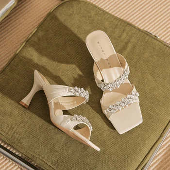 אופנה נשים נעלי ריינסטון דק עקבים גבוהים נעלי חתונה מסיבת נשים נעלי קיץ 7 סנטימטר מיקרופייבר יפה פרדות