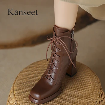 Kanseet פלטפורמה קצר מגפי נשים אופנה הסתיו רוכסן עור אמיתי באיכות גבוהה נעלי כיכר הבוהן עקבים גבוהים מגפי קרסול 41