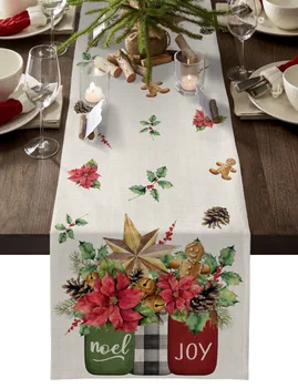חלבלוב חג המולד פרחים פירות יער שולחן רץ חג המולד האוכל, עיצוב שולחן פשתן שולחן רצים עיצוב חתונה בד השולחן
