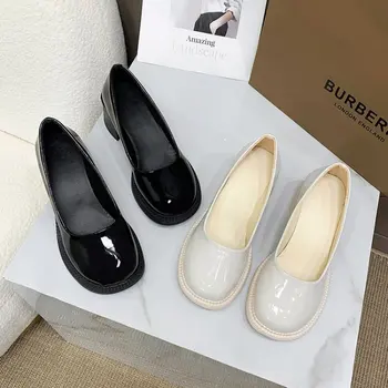 עור פטנטים נשים משאבות נעליים 2023 המשרד שחור עקבים גבוהים נעלי אישה רדוד הפה כיכר משאבות הבוהן נקבה בתוספת גודל 42 43