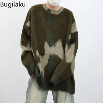 Bugilaku רטרו, ניגודיות צוואר עגול סוודר גברים ונשים אמריקאים ורפוי סגנון סריגים מעיל אופנה