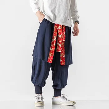 MrGB גודל גדול גברים בסגנון סיני קריין גרפי מזדמנים מכנסיים כותנה פשתן Sarouel בציר אלסטי המותניים זכר את המכנסיים.