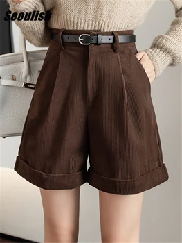 Seoulish 2023 חדש קורדרוי נשים מכנסיים קצרים עם חגורת סתיו חורף גבוהה המותניים רחב הרגל קצרים בציר הנשי מכנסיים