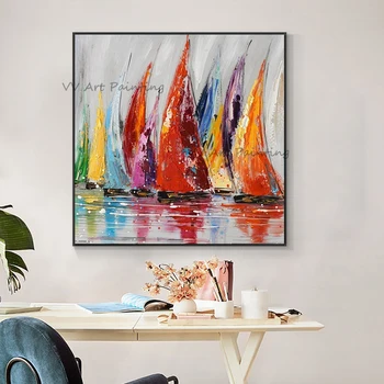 צבעוני הסירה ציור שמן 100% צבוע ביד קנו בד ציורי שמן גודל גדול אמנות קיר מודרני בסלון עיצוב