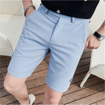 אופנה וופל המותניים למתוח חליפת מכנסיים של גברים מזדמנים קיץ רבע מכנסיים של גברים מקרית Slim Fit באורך הברך משבצות קצרים 29-36
