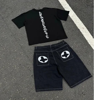 2023 הקיץ החדש פשוט כיס להדפיס ישר מכנסיים רחבות גברים y2k רחוב Harajuku חופשי מזדמנים ג ' ינס חמש נקודות מכנסיים ההגירה