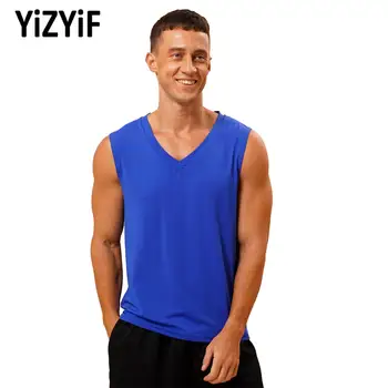 Mens צוואר V פיתוח גוף גופיה בקיץ ספורט אפוד מזדמן צבע אחיד ללא שרוולים T-shirt מכון כושר ריצה ספורט אימון וסט