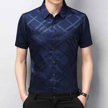 רעיוני קו משבצות, חולצות לגברים מעצבים מזדמנים שרוול קצר בקיץ איכותי רך נוח מגמת אופנה Camisa Masculina