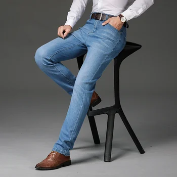 האביב חכם אלסטי העסקים ג 'ינס גברים אופנה ישר רגיל למתוח מכנסי ג' ינס הגברי סתיו ג ' ין מכנסיים ארוכים גודל פלוס 46
