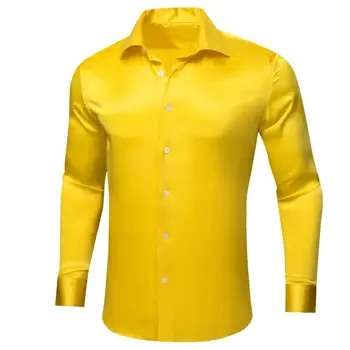 מעצב חולצות משי, לגברים סאטן שרוול ארוך זהב צהוב מוצק רגיל סלים זכר החולצה מזדמן רשמי מקסימום אופנת רחוב בארי וואנג
