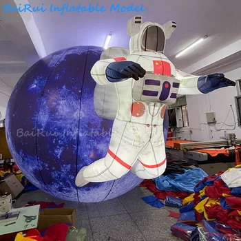 מתנפח ענק אסטרונאוט המעופף מן הארץ אוויר לפוצץ חלל סמל מותאם אישית זמין עם LED הלבן על פרסום אירוע