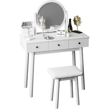 soges איפור יהירות השולחן, 3-מגירת השידה, השולחן 360° סיבוב הציר מראה, שרפרף מרופד, חדר הלבשה השולחן