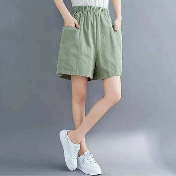 נשים 2023 הקיץ מקרית מוצק כותנה פשתן קצרים אופנה עם כיס גדול קצרים אישה קוריאנית אלסטי המותניים רחב הרגל המכנסיים