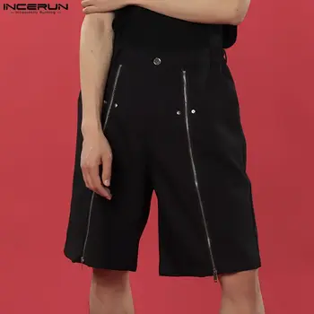 INCERUN 2023 גברים מכנסיים קצרים מוצק צבע כפתור אופנת רחוב כיסי רוכסן גברים מקרית תחתיות חופשי קוריאה סגנון אופנה מכנסיים קצרים S-5XL