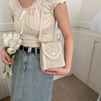 פרח רקמה מיני Messenger Bag הקיץ קש נשים תיק כתף עור PU תפירה Crossbody תיק קל משקל התיק שקיות