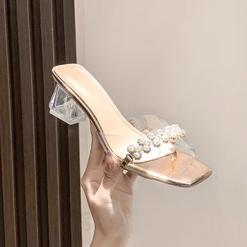 נעלי אישה 2023 נעלי קיץ כפכפי גומי מרובע העקב נמוך Pantofle נצנצים שקופיות אופנה הוואי בלוק חדש ריבה