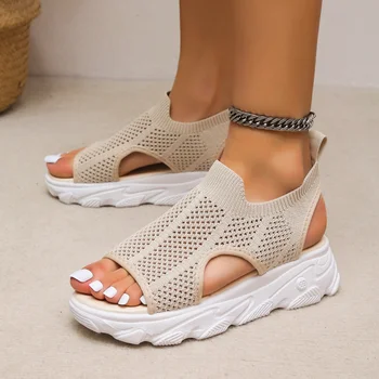 נשים קיץ רשת לנשימה פלטפורמה סנדלים סרוגים אלסטי החלקה הליכה סנדלים אישה חדשה מזדמן בלעדי עבה להחליק על נעליים