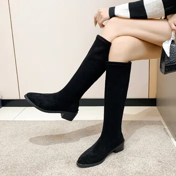 2023 חמה למכירה נעלי נשים רוכסן נשים מגפי חורף זמש מחודד בוהן מוצק נעלי נשים גבוהות צינור שורש ריבועי אביר מגפיים