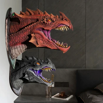 3D הדרקון אגדות אביזר קיר רכוב דינוזאור עשן אור פסל הקיר פסל קיר אמנות עיצוב הבית קישוט החדר