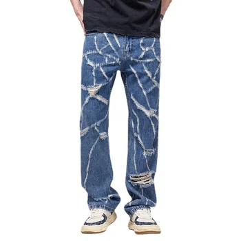 Mens נקרע חור ג 'ינס הבלוי אופנת רחוב היפ הופ באגי ישר כחול, מכנסי ג' ינס וינטג אופנה גברים