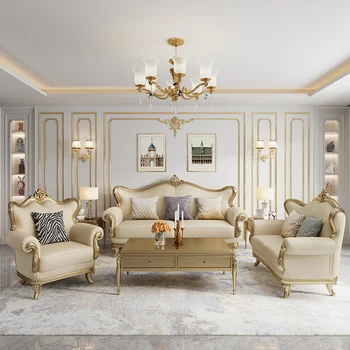 בסגנון צרפתי בסלון ספה להגדיר עתיק עץ מלא מגולף הספה קלאסי בלובי המלון 3+2+1 ספה