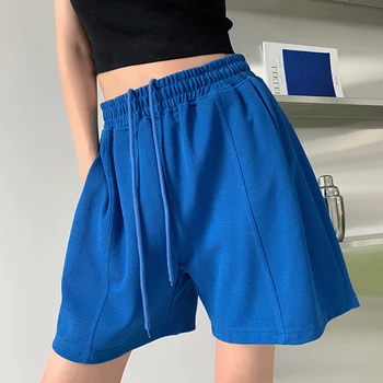 Xpqbb 2022 קיץ מזדמן נשים מכנסיים קצרים צבע מוצק אלסטי המותניים רחב הרגל קצרים אישה כחול ירוק שחור משוחרר ספורט מכנסיים קצרים