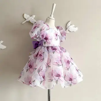2023 חדש פרח שמלת ילדות יום ההולדת הראשון הנסיכה מסיבת חג המולד אורך רצפת פוטושוט