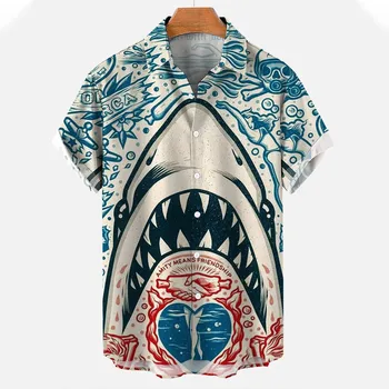 אנשים חדשים של חולצות 3D להדפיס בעלי החיים בגדי אופנה כפתור שרוול קצר דש אופנת רחוב החולצה לגברים הוואי כריש חולצת טי, חולצה