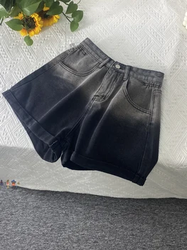 נשים שחור גותי מכנסי ג 'ינס קצרים גבוה מותן רחבה קצרים Harajuku Y2k מקרית וינטאג' בסגנון קוריאני קו הג ' ינס מכנסיים קצרים בקיץ