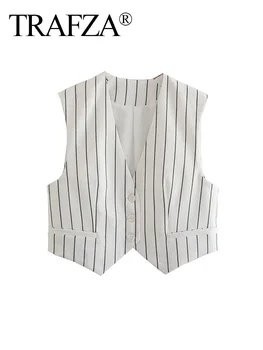 TRAFZA נשים קיץ סיבתי הז 'קט שחור-לבן עם פסים V-צוואר כיסים כפתור אחת עם חזה נשי אופנה חדשה