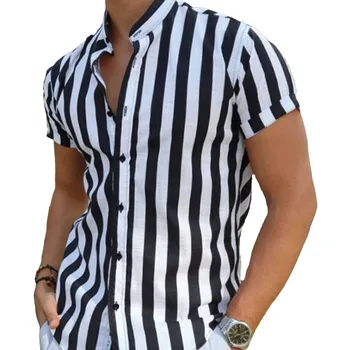קיץ חדש Mens השחור לבן בציר פסים חולצות אופנה מזדמן לעמוד צווארון 90% כותנה קצר שרוול חולצת גברים מנופחים
