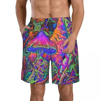 פטריות צבעוניים דפוס מזדמן מתאים שטוח הקדמי מכנסיים קצרים לגברים שרוך חוף מכנסיים נוחות קצרים הביתה S