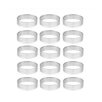 15 חבילת נירוסטה טארט הטבעת, עמיד בחום מחורר עוגת מוס הטבעת, סיבוב טבעת אפייה כלים