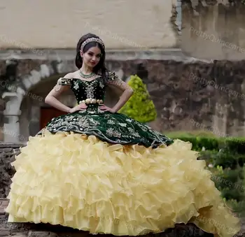 ירוק קטיפה אור רקמה זהב Charrao שמלת קינסאנךרה אורגנזה עם קפלים מקסיקני Vestido 15 יום הולדתה