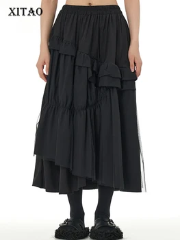 XITAO חופשי מזדמן קו חצאית אופנה מופיעים דק פשטות טלאים אלסטי המותניים 2023 סתיו נשים חצאית חדשה DMJ2739