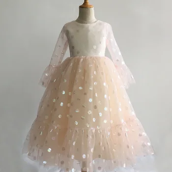 ילדים שמלת החתונה של בנות רשת שרוול ארוך ביצועים הולדת נפוח הנסיכה אמצע אורך השמלה