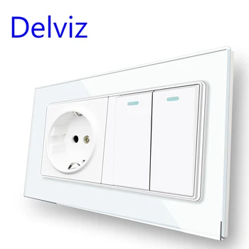 Delviz 16A קיר מתג האור,2 כנופיות 2Way / 1Way לחץ על הכפתור ב-off, לבן מזג קריסטל זכוכית פנל, תקן האיחוד האירופי שקע חשמל