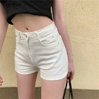 מכנסי ג ' ינס קצרים נשים מוצק פשוט תלמידים יצירתיות אלגנטי עדין פנאי הקיץ גבוה מותן בסגנון קוריאני ישר סקסי יומי