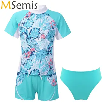 ילדים בנות מודפס בגדי ים תלבושות שחיה תלבושת 3Pcs בגדי שרוול קצר צוואר מזוייף חולצות עם מכנסיים קצרים, תחתונים Beachwear
