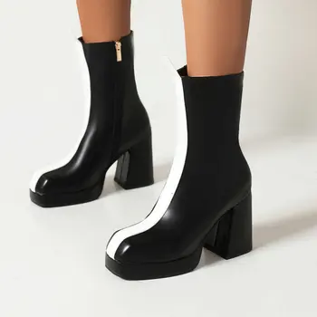 חדש שחור לבן עם פסים צהוב דפוס יוקרה ממותגים אמצע עגל נשים חורף עקבים גבוהים נעלי גותי רחוב בסגנון מגפי פלטפורמה
