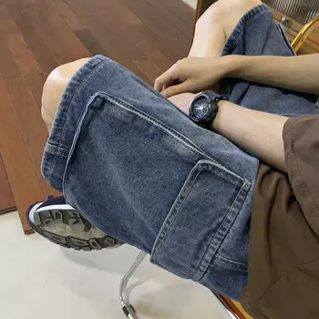 מטען מכנסי ג 'ינס קצרים של גברים קיץ דק רחב-רגל קצרה ג' ינס באורך הברך אופנה לשטוף רטרו מזדמנים מכנסיים קצרים