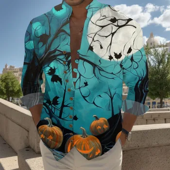 Halloweshirts Mens אופנה מזדמן אישית דיגיטלית הדפסת 3d דלעת כפתור הדפסה צווארון פרח אופנה חולצות לכל היותר אתני