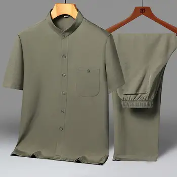 2023 קיץ סגנון חדש של גברים אופנה מקרית מוצק צבע חולצה חליפה גברית באיכות גבוהה שני חלקים סט M-3XL